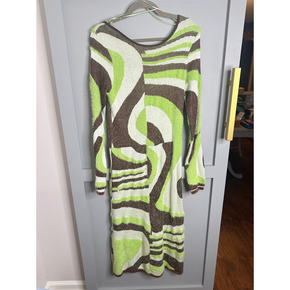 House of Sunny NWTSwirl Fuzzy Knit Midi Dress Green Brown Cut Out Back SIZE 10